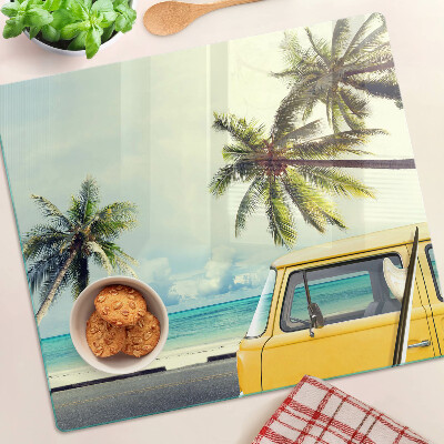 Planche à découper en verre Plage avec des palmiers et une voiture