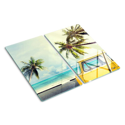 Planche à découper en verre Plage avec des palmiers et une voiture