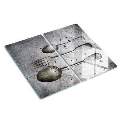 Planche à découper verre Couverts sur fond de béton