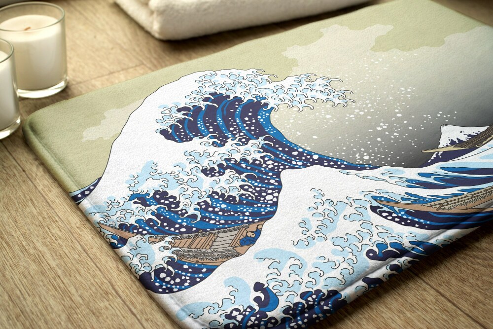 Tapis de souris japonais XL Tapis de souris de jeu Grande vague de Kanagawa  et soleil Aquarelle Tapis de bureau complet 30 x 40,5 cm, bords cousus