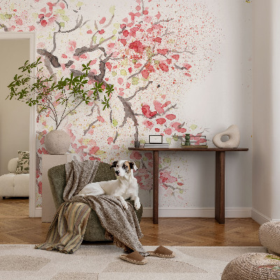 Papier peint panoramique chambre adulte avec un motif de branches fleuries