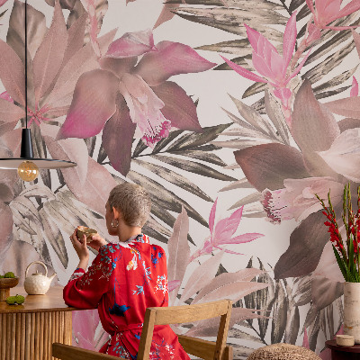 Papier peint panoramique moderne avec un motif de fleurs exotiques