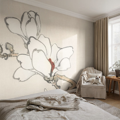 Papier peint panoramique chambre avec un motif de magnolias délicats