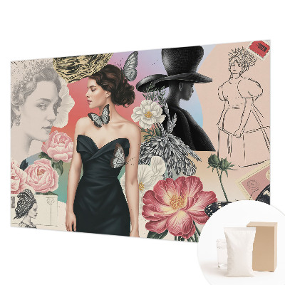 Papier peint photo avec des motifs floraux et des portraits