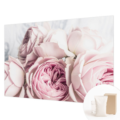 Papier peint panoramique salon avec un motif de roses roses