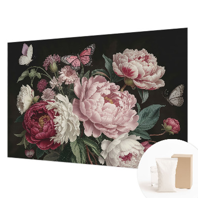 Papier peint salon moderne avec des pivoines et des papillons