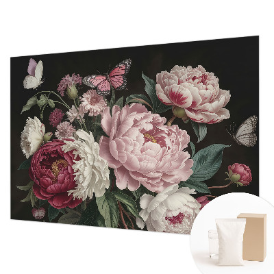 Papier peint salon moderne avec des pivoines et des papillons