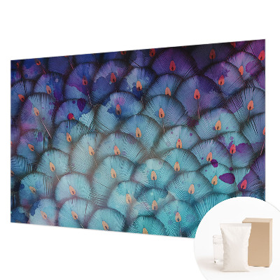 Papier peint salon moderne avec un motif de plumes colorées