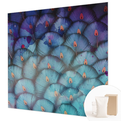 Papier peint salon moderne avec un motif de plumes colorées