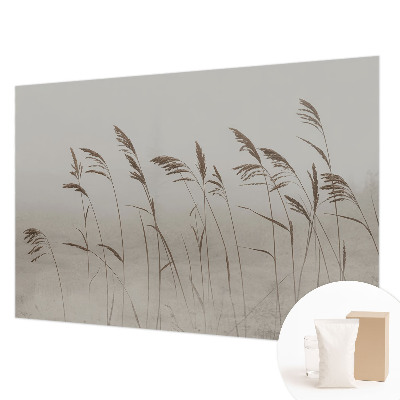 Papier peint panoramique chambre adulte avec un motif de herbes dans la brume