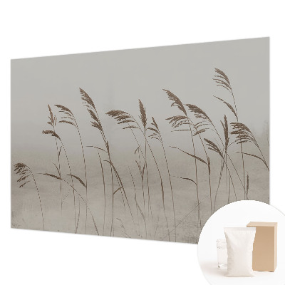 Papier peint panoramique chambre adulte avec un motif de herbes dans la brume
