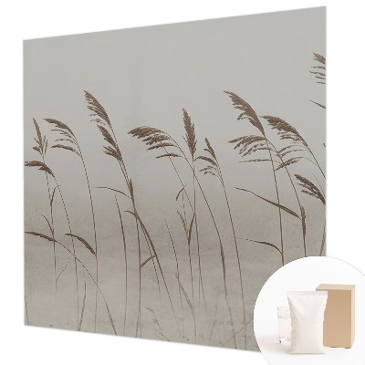 Papier peint panoramique chambre adulte avec un motif de herbes dans la brume