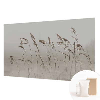 Papier peint panoramique chambre adulte avec un motif de herbes dans la brume