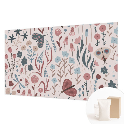 Papier peint panoramique intissé avec motif de fleurs et d'insectes