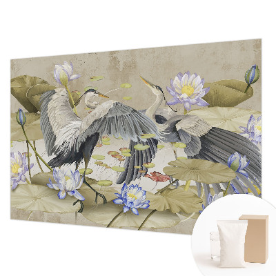 Papier peint panoramique intissé avec un motif d'oiseaux et de lys
