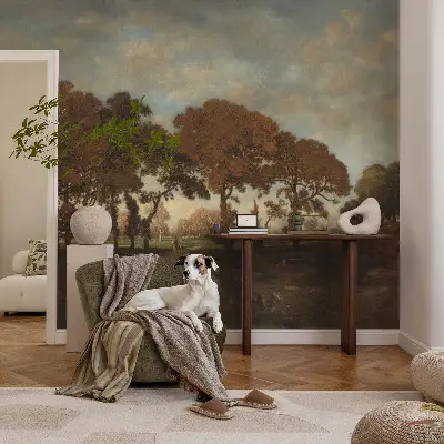 Papier peint salon moderne avec un motif de paysage idyllique