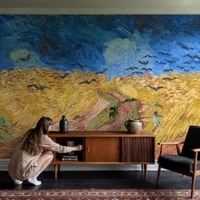 Papier peint panoramique salon avec un motif de paysage champêtre