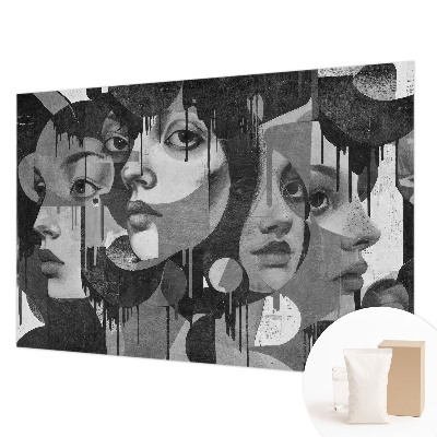 Papier peint salon moderne avec motif de visages féminins