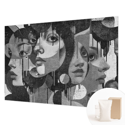 Papier peint salon moderne avec motif de visages féminins