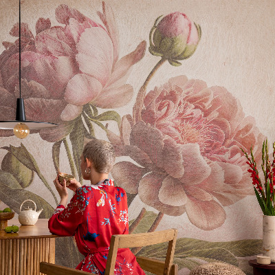 Papier peint panoramique sur mesure à motif de pivoines fines