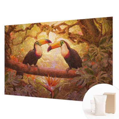 Papier peint panoramique chambre adulte à motif de toucans colorés