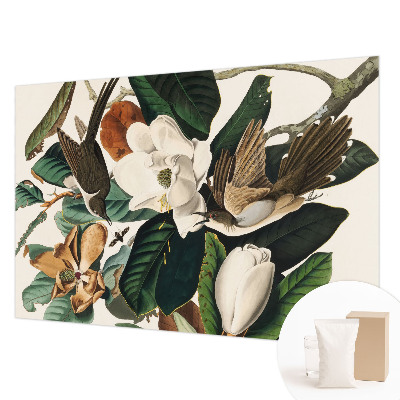 Papier peint panoramique salon avec motif de magnolias et d'oiseaux