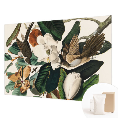 Papier peint panoramique salon avec motif de magnolias et d'oiseaux