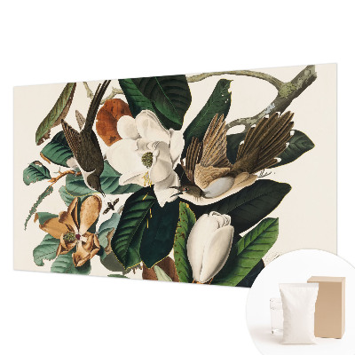 Papier peint panoramique salon avec motif de magnolias et d'oiseaux