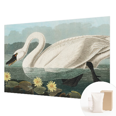 Papier peint panoramique chambre avec un motif de cygne et de nénuphars