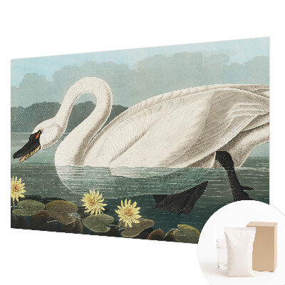 Papier peint panoramique chambre avec un motif de cygne et de nénuphars