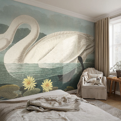Papier peint panoramique chambre avec un motif de cygne et de nénuphars