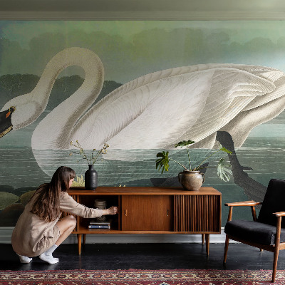 Papier peint panoramique chambre avec un motif de cygne et de nénuphars