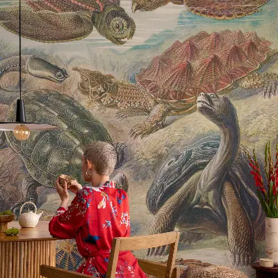 Papier peint panoramique chambre avec motif de faune de tortues
