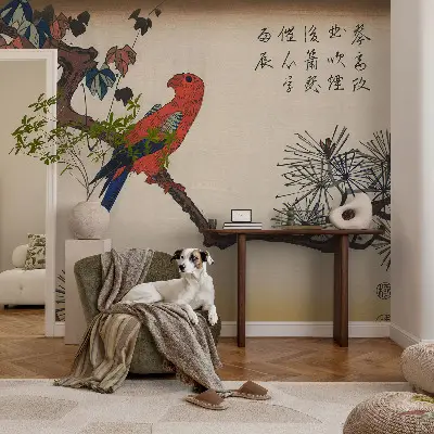Papier peint salon moderne avec un motif d'oiseau sur une branche