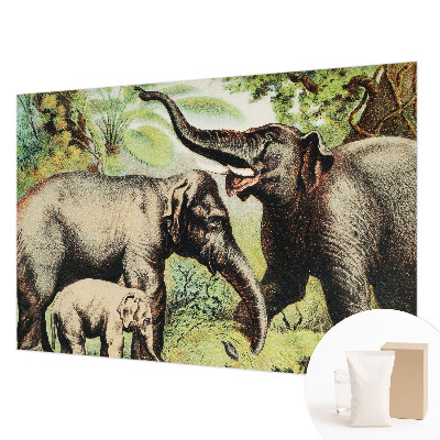 Papier peint photographique salon avec un motif de familles d'éléphants