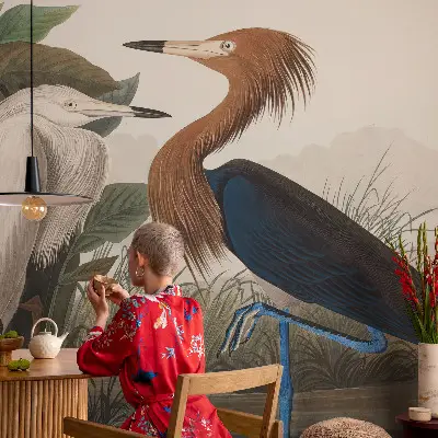 Papier peint panoramique haut de gamme avec des oiseaux parmi la végétation