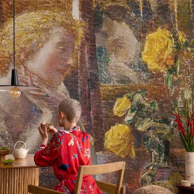 Poster mural panoramique avec une femme tenant des roses