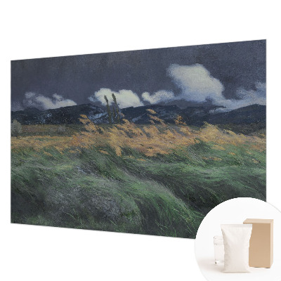 Papier peint panoramique salon avec un motif de hautes herbes soufflées par le vent