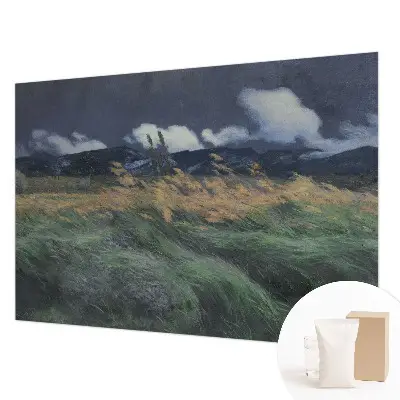 Papier peint panoramique salon avec un motif de hautes herbes soufflées par le vent