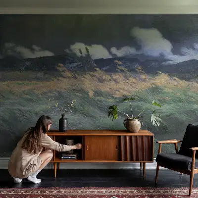 Papier peint panoramique salon avec un motif de hautes herbes soufflées par le vent