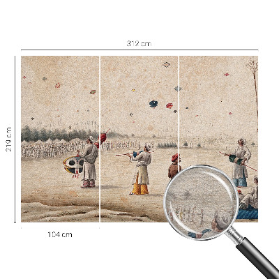 Papier peint panoramique salon avec un motif de cerfs‑volants flottants