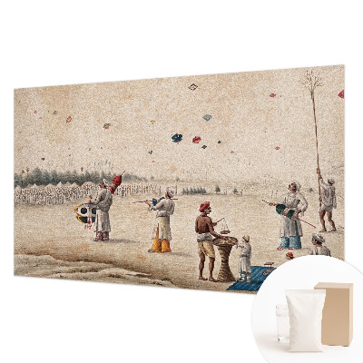Papier peint panoramique salon avec un motif de cerfs‑volants flottants