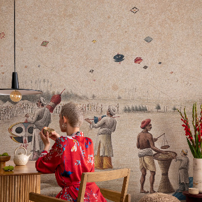 Papier peint panoramique salon avec un motif de cerfs‑volants flottants