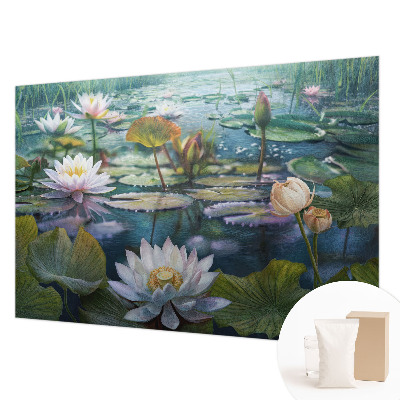 Papier peint panoramique tendance avec un motif de fleurs au bord d'un étang