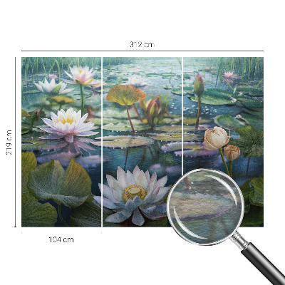 Papier peint panoramique tendance avec un motif de fleurs au bord d'un étang