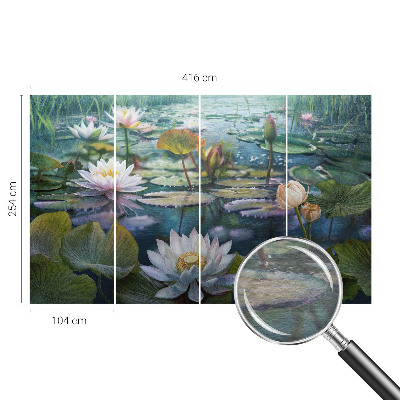 Papier peint panoramique tendance avec un motif de fleurs au bord d'un étang
