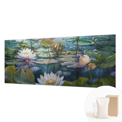 Papier peint panoramique tendance avec un motif de fleurs au bord d'un étang