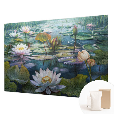 Papier peint panoramique tendance avec un motif de fleurs au bord d'un étang