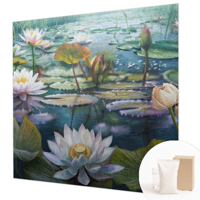 Papier peint panoramique tendance avec un motif de fleurs au bord d'un étang