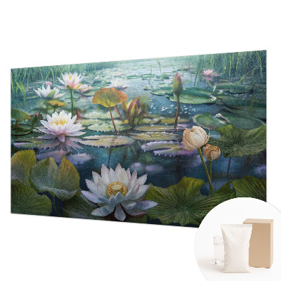 Papier peint panoramique tendance avec un motif de fleurs au bord d'un étang